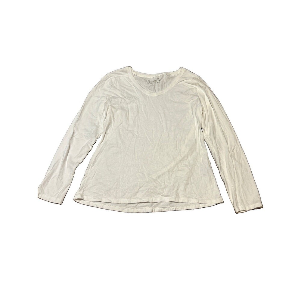 Hanes White Long Sleeve V-neck Shirt Size Large